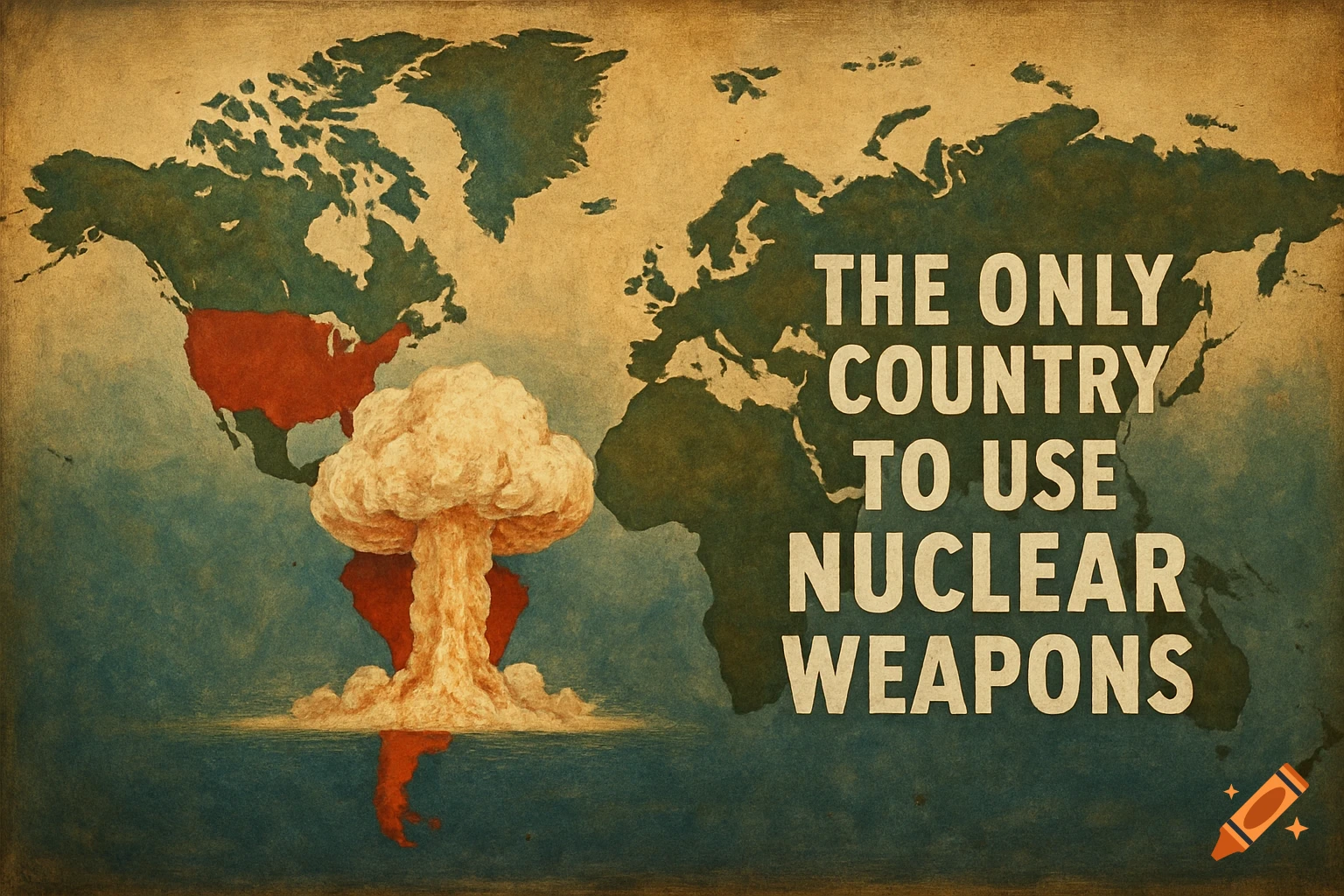 Vintage style world map with a nuclear mushroom cloud over the US. Text reads 'THE ONLY COUNTRY TO USE NUCLEAR WEAPONS'.