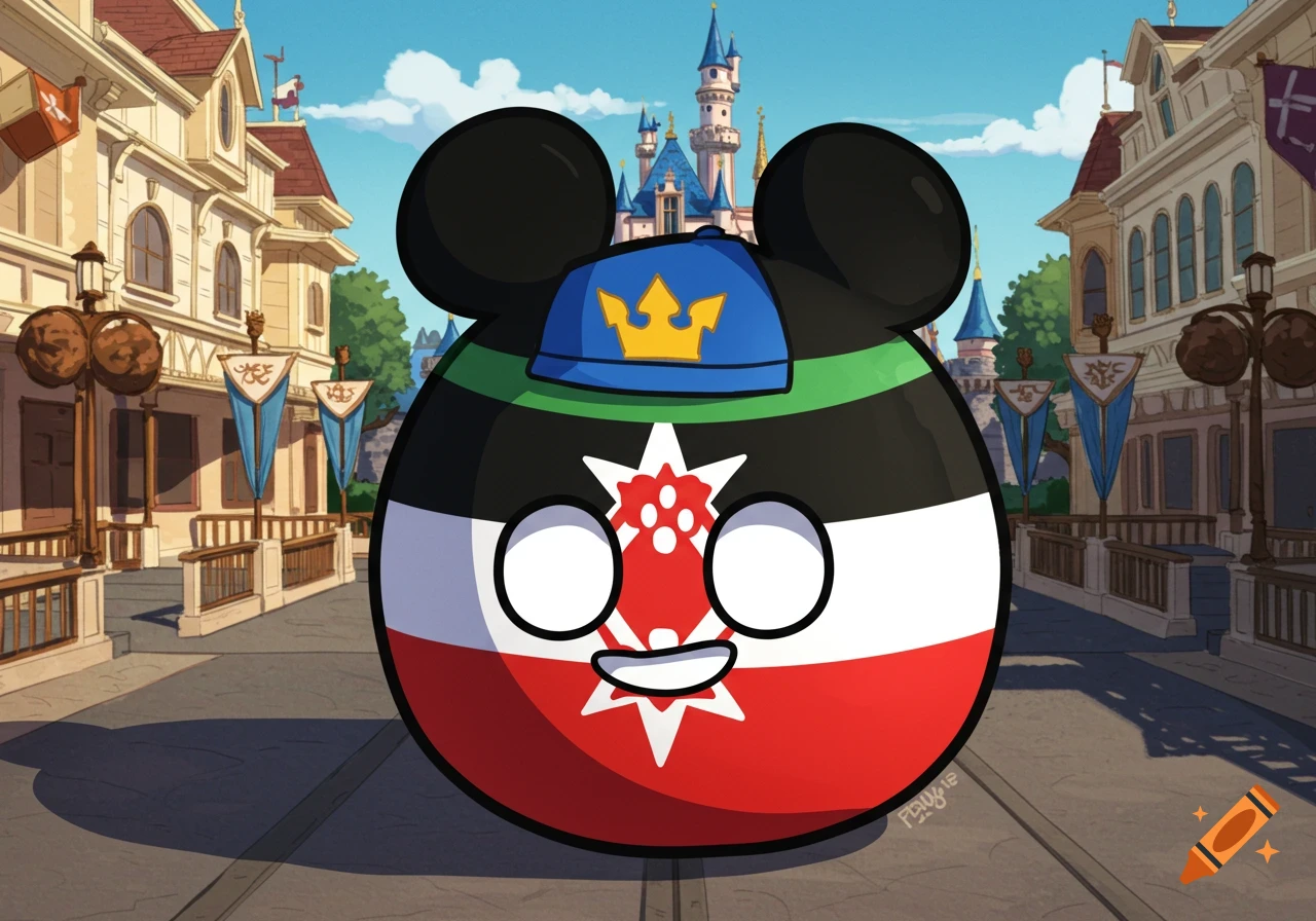 Cartoon countryball character with Mickey Mouse ears and crown hat in a theme park setting
