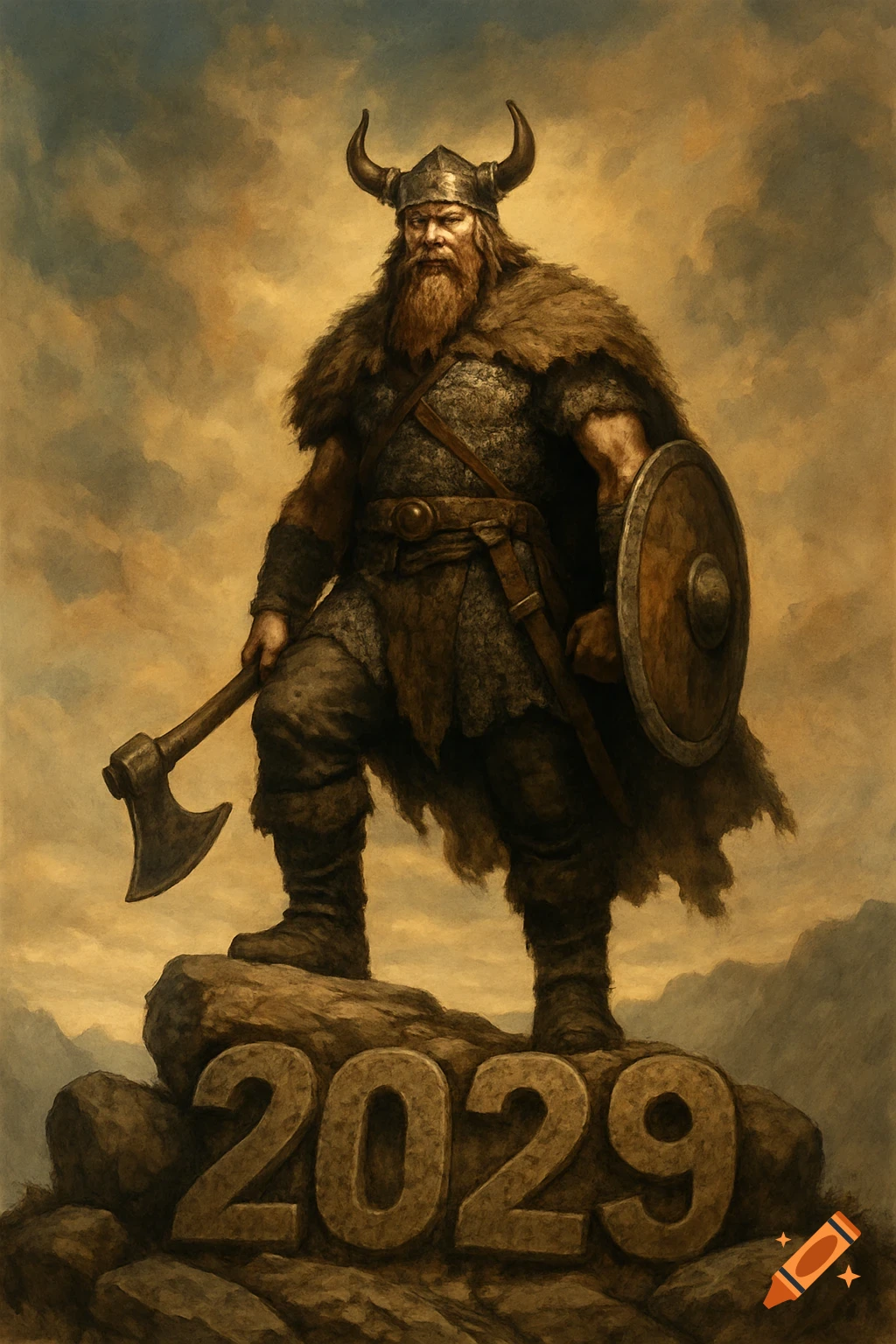 A bearded viking warrior with an axe and shield stands on rocks carved with the number 2029 under a cloudy sky.