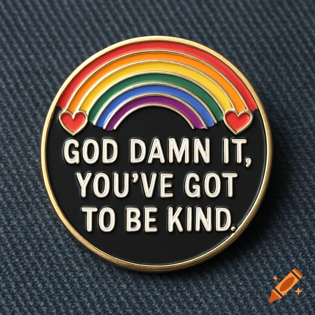 Close-up of an enamel pin with a rainbow, two red hearts, and the text 'GOD DAMN IT, YOU'VE GOT TO BE KIND.'