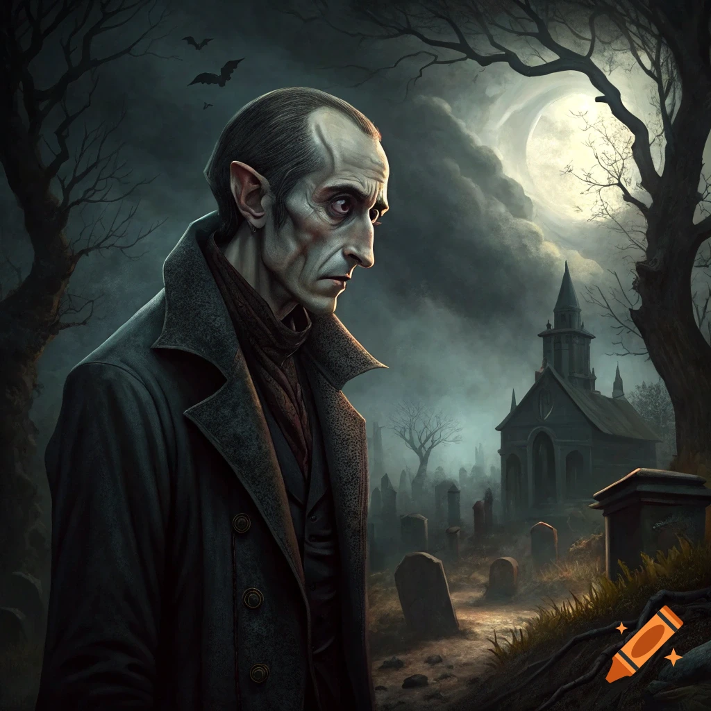 Nosferatu vampire in a graveyard under a full moon, gothic style.