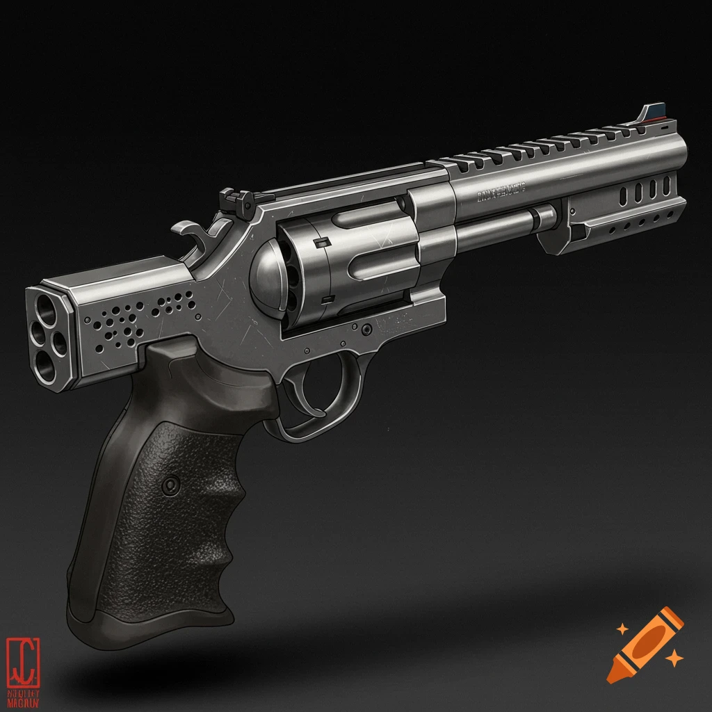 Detailed illustration of a custom tactical revolver with a ported barrel and tactical grip.