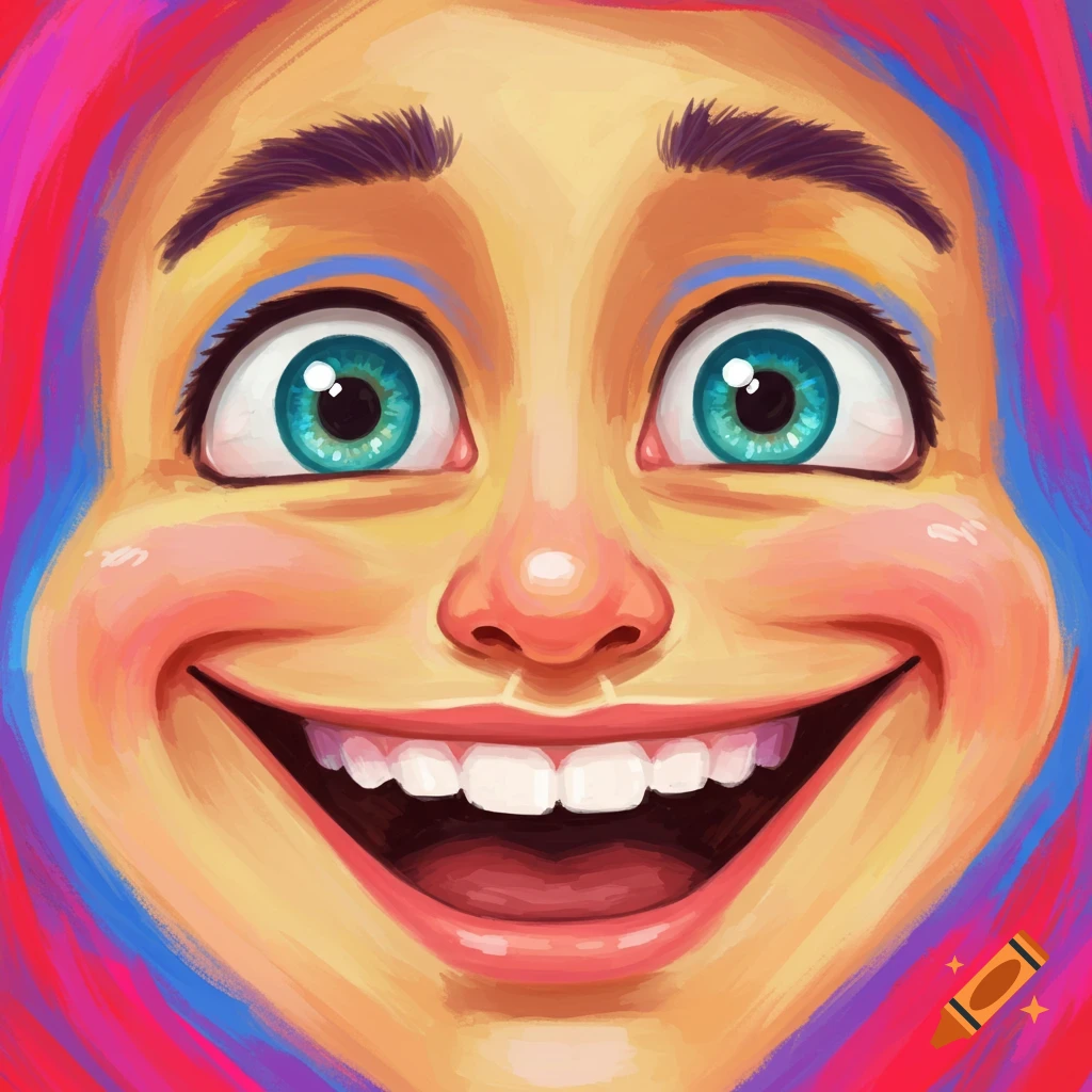 A close-up cartoon portrait of a face with a wide, joyful smile and large eyes.