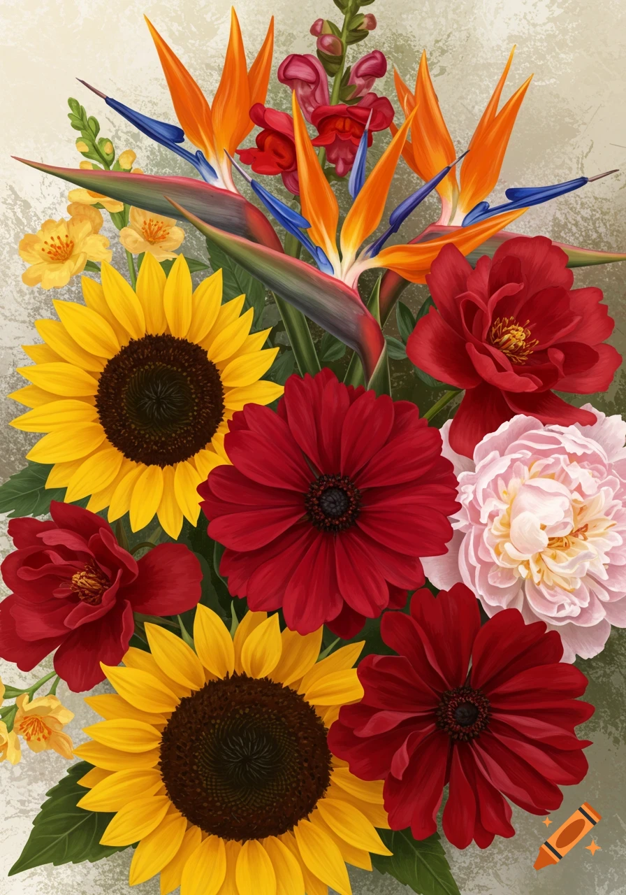 A vibrant bouquet of sunflowers, bird of paradise, red dahlias, red peonies, and a pink peony.