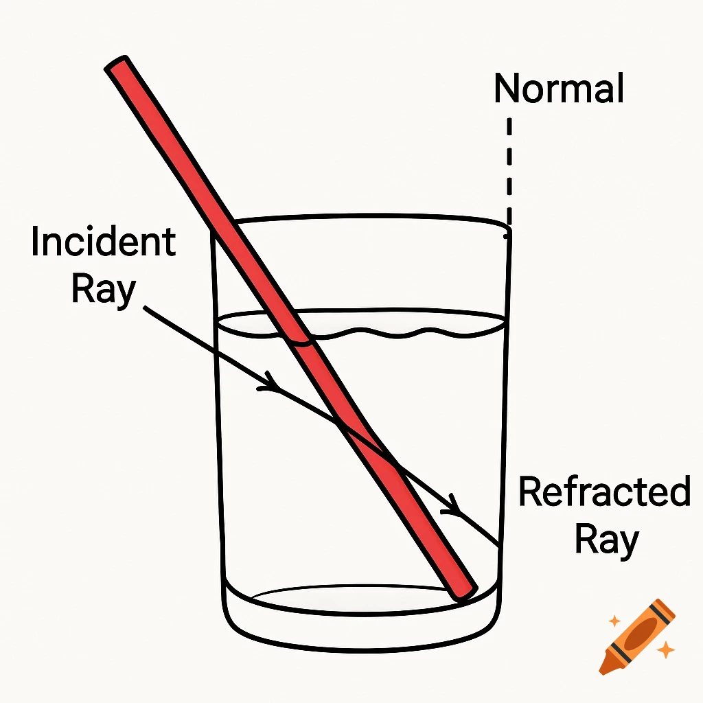 Diagram showing light refraction with a straw in a glass of water, labeled incident ray, normal line, and refracted ray.