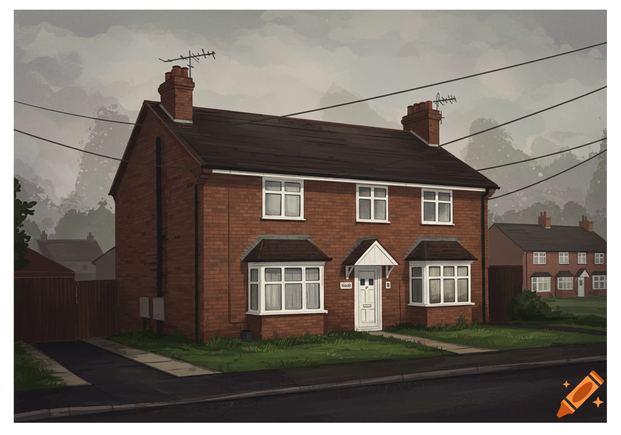 Illustration of a brick house on a street under a cloudy sky.