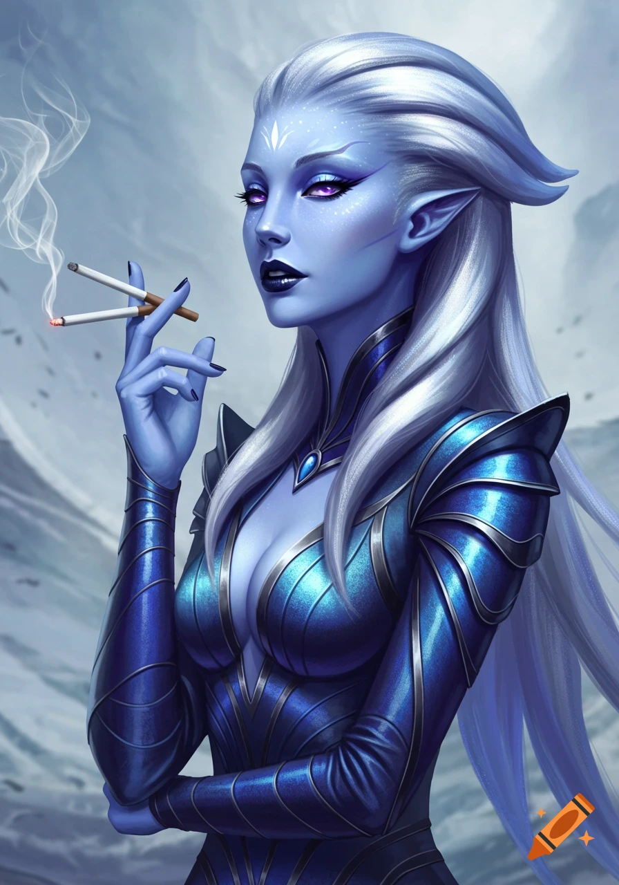 Fantasy portrait of a blue-skinned alien woman in blue armor holding cigarettes