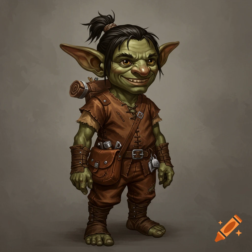 A small, green-skinned goblin in leather clothing carries a pack and satchel.