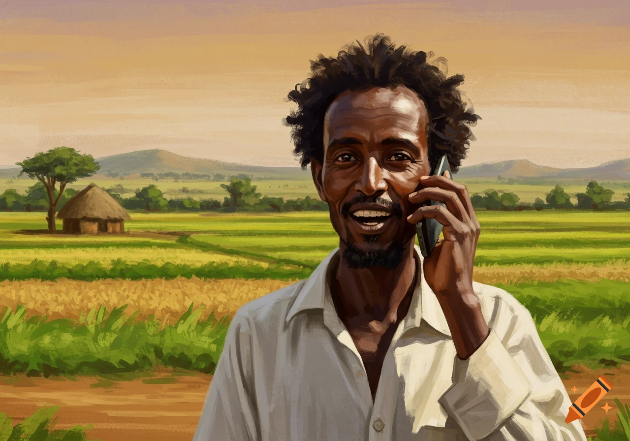 A man with dark skin and curly hair talks on a mobile phone in a rural field setting with a hut and mountains in the background, painted style.