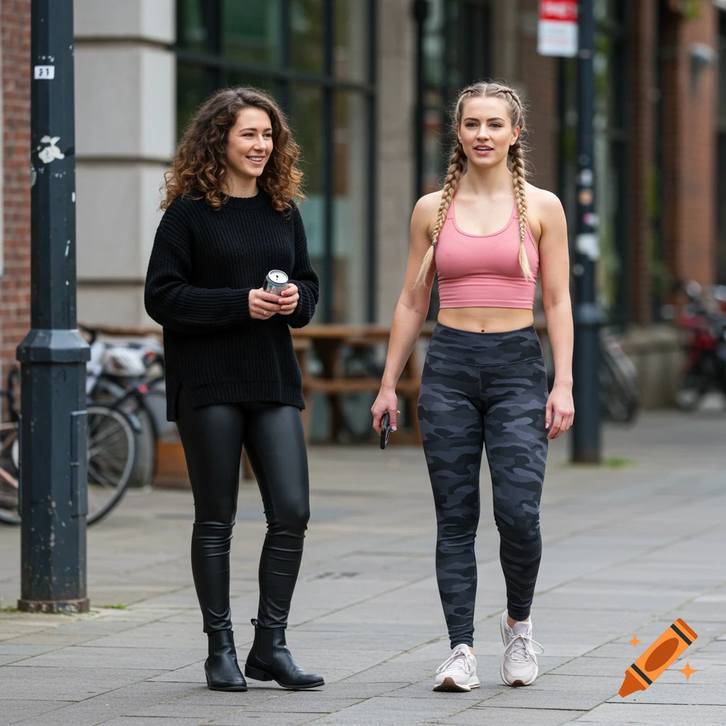 Two women walk down a city sidewalk, one in a black sweater, the other in a pink crop top and camo leggings.
