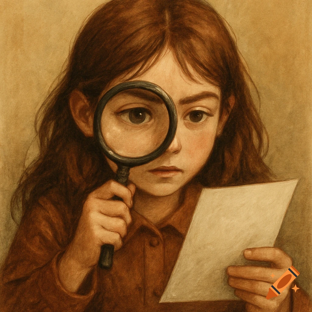 Illustration of a girl looking through a magnifying glass at paper.