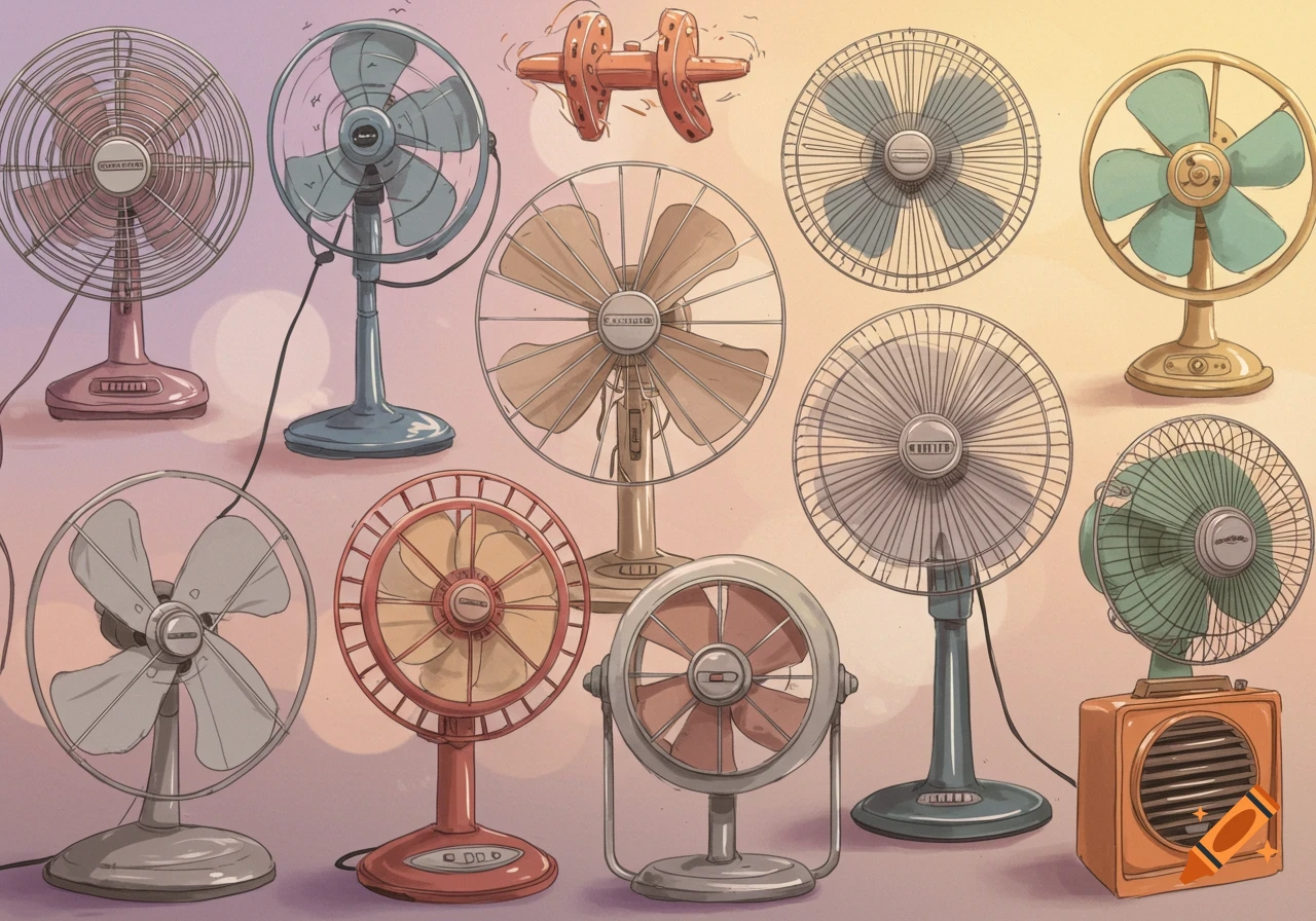 An illustration showing a collection of many different styles of vintage electric fans.