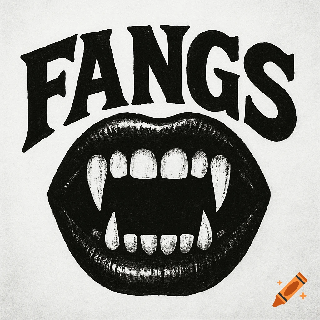 Black and white illustration of a mouth with fangs and the text FANGS above it.