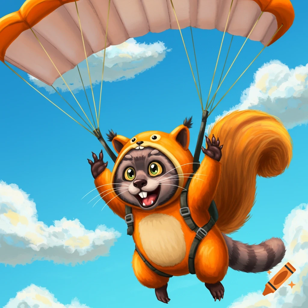 A cartoon animal in an orange squirrel suit skydives with a parachute against a blue sky with clouds.