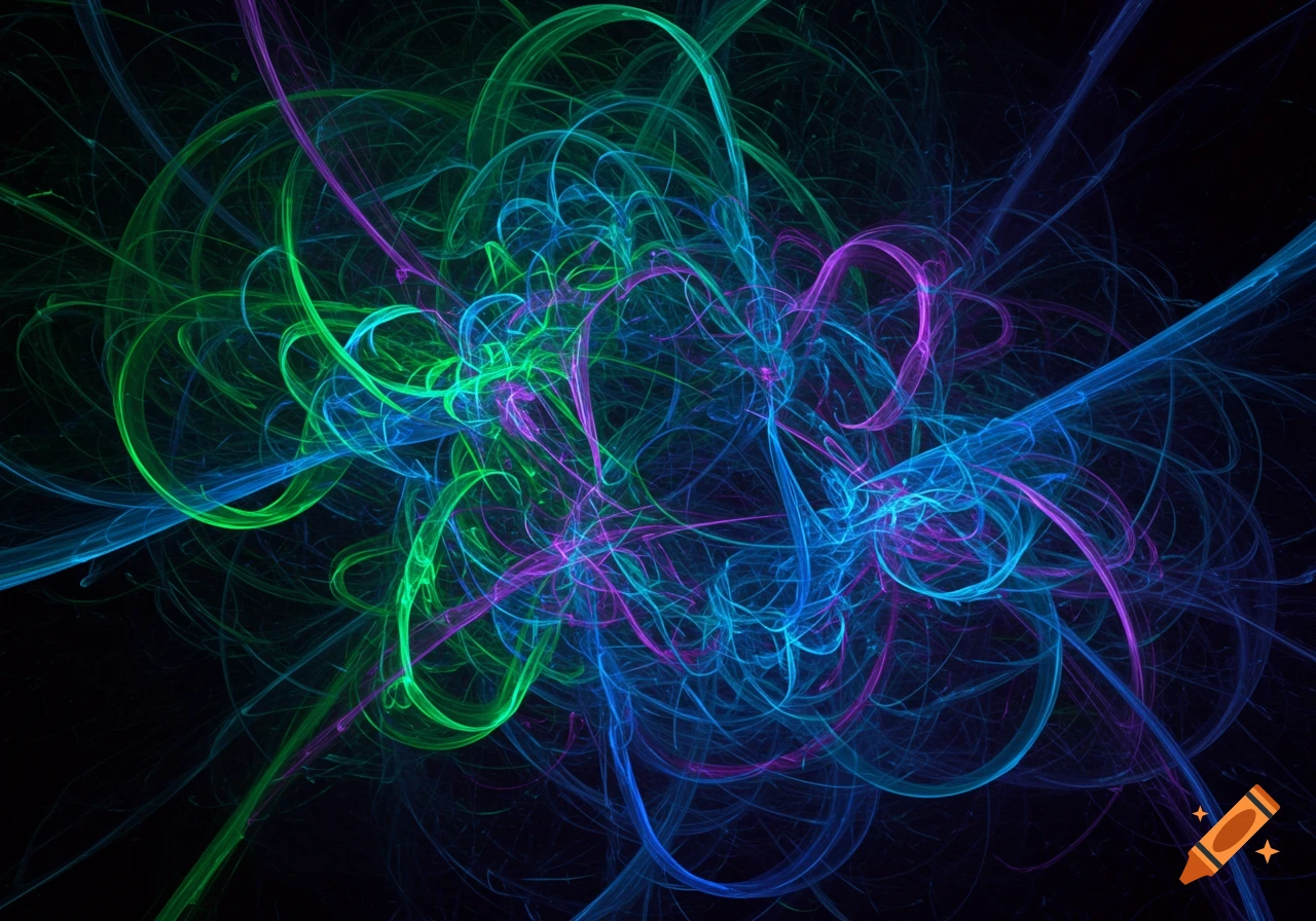 Glowing green, blue, and purple abstract lines on a black background.