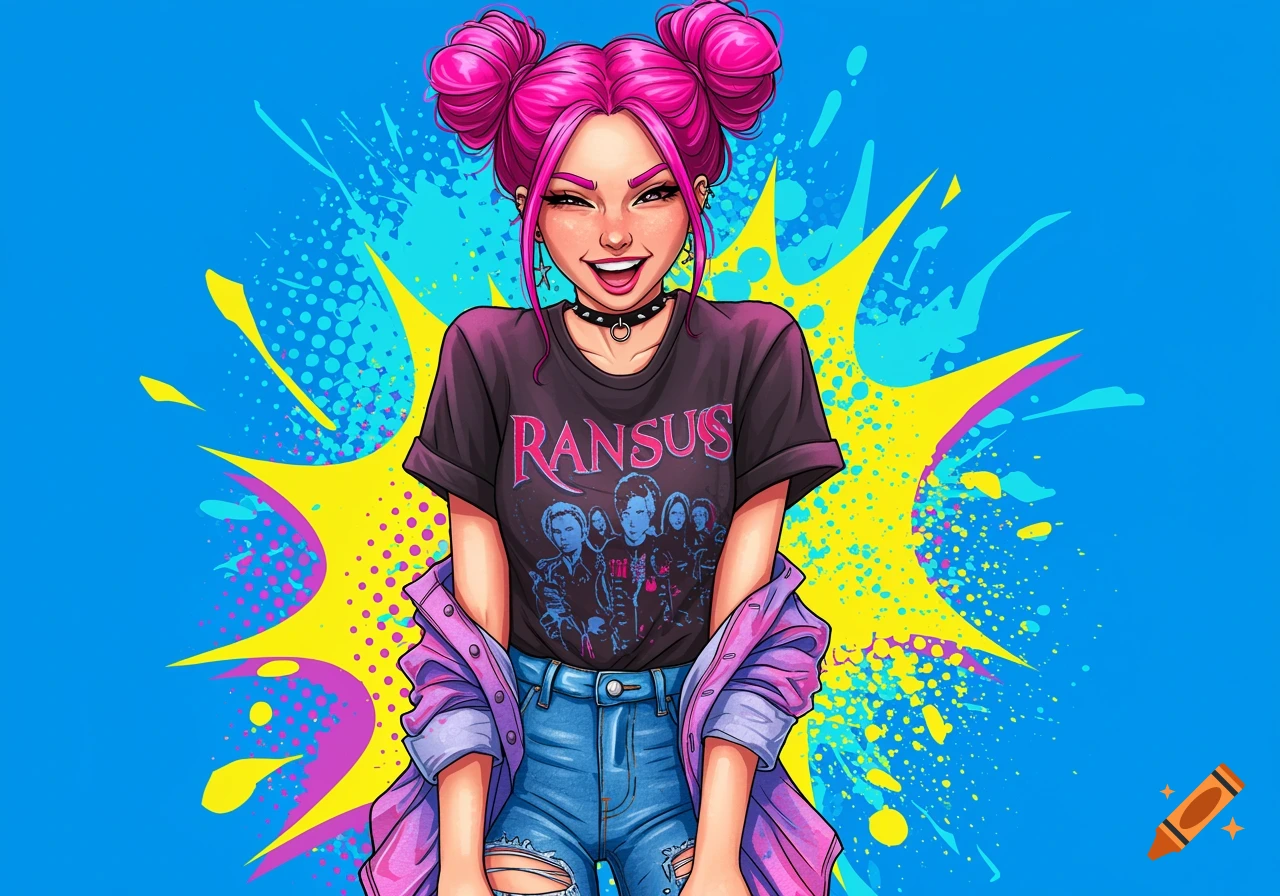 Stylized pop art illustration of a girl with pink space buns wearing a band t-shirt and ripped jeans against a vibrant background.