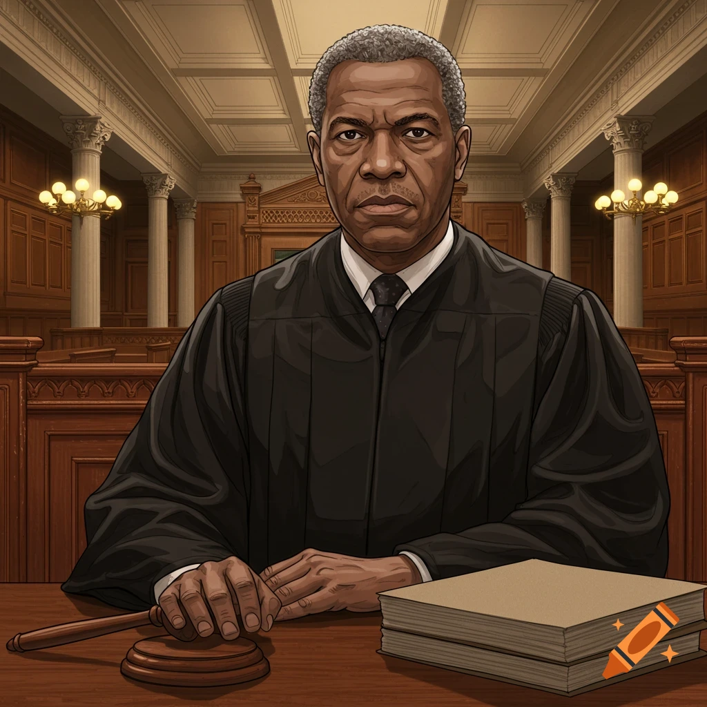 An illustration of a judge sitting at a bench in a courtroom.