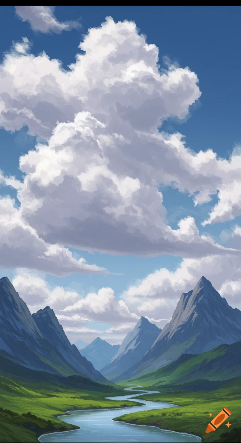 A painted landscape showing mountains, a winding river, and a large cloudy sky.