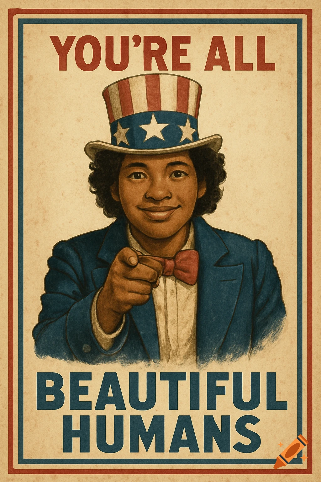 Vintage style patriotic poster with person pointing, says 'YOU'RE ALL BEAUTIFUL HUMANS'