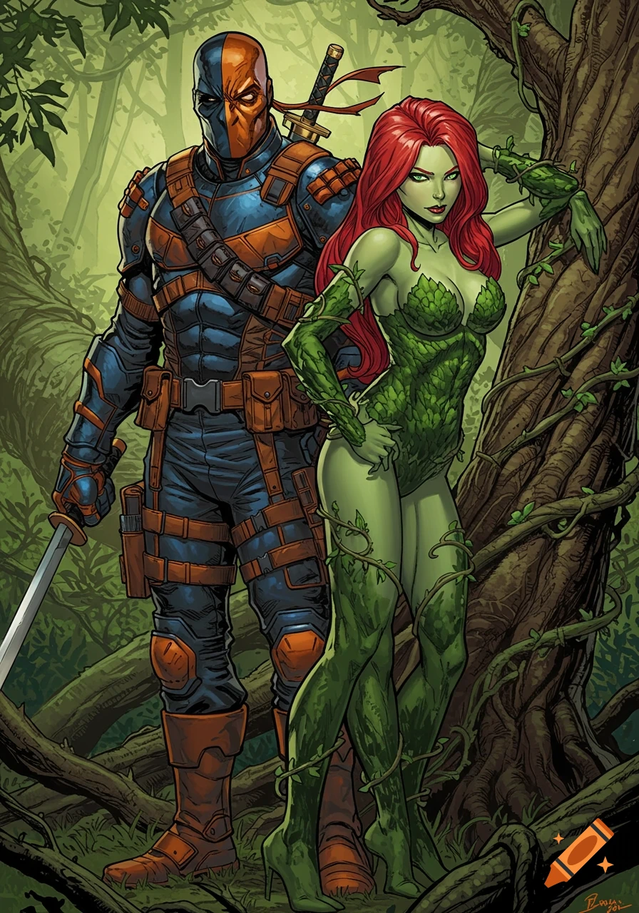 Deathstroke and Poison Ivy pose in a forest in comic art style.