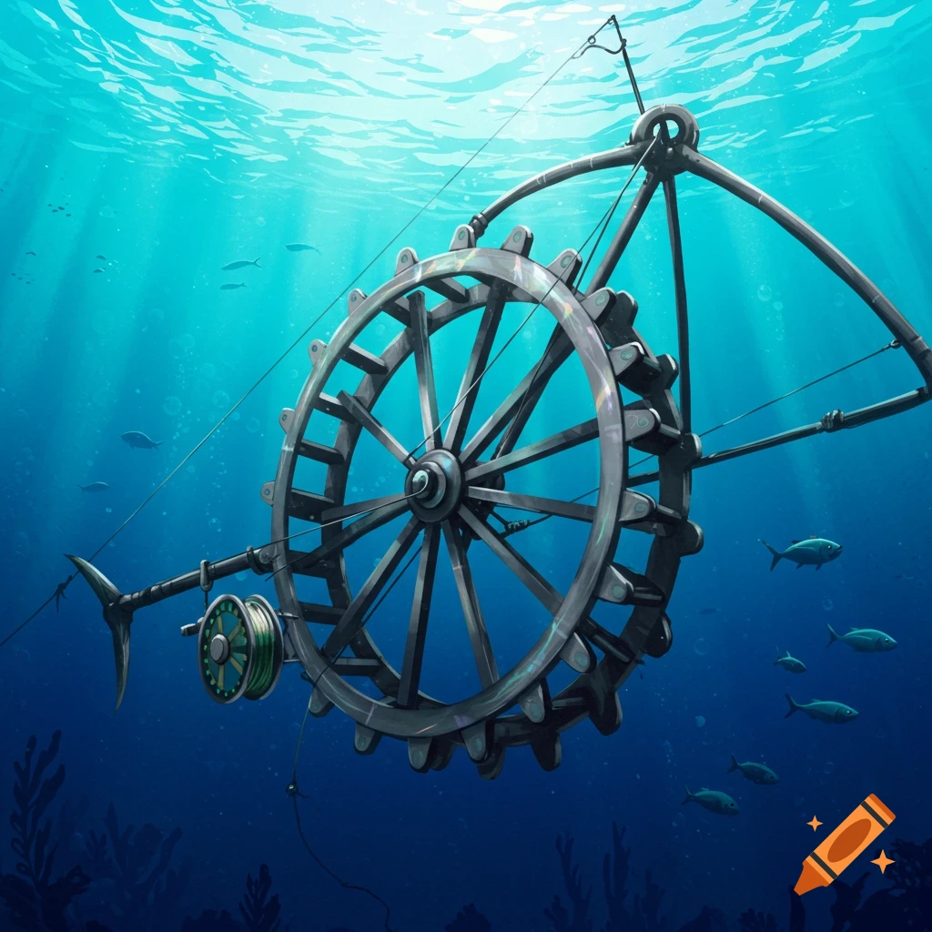An intricate mechanical fishing device submerged in a vibrant blue ocean, surrounded by swimming fish.