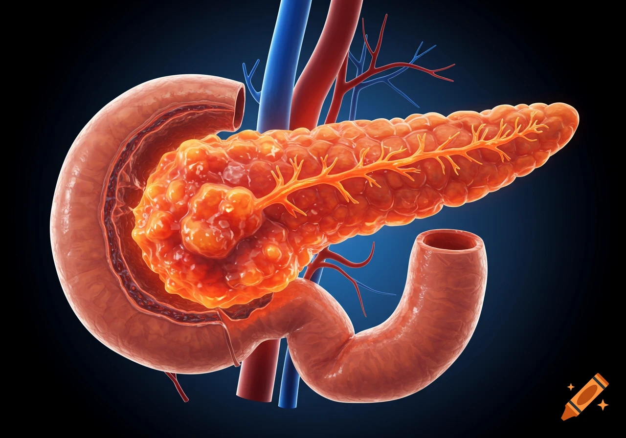 3D medical illustration of the pancreas and duodenum with a tumor.