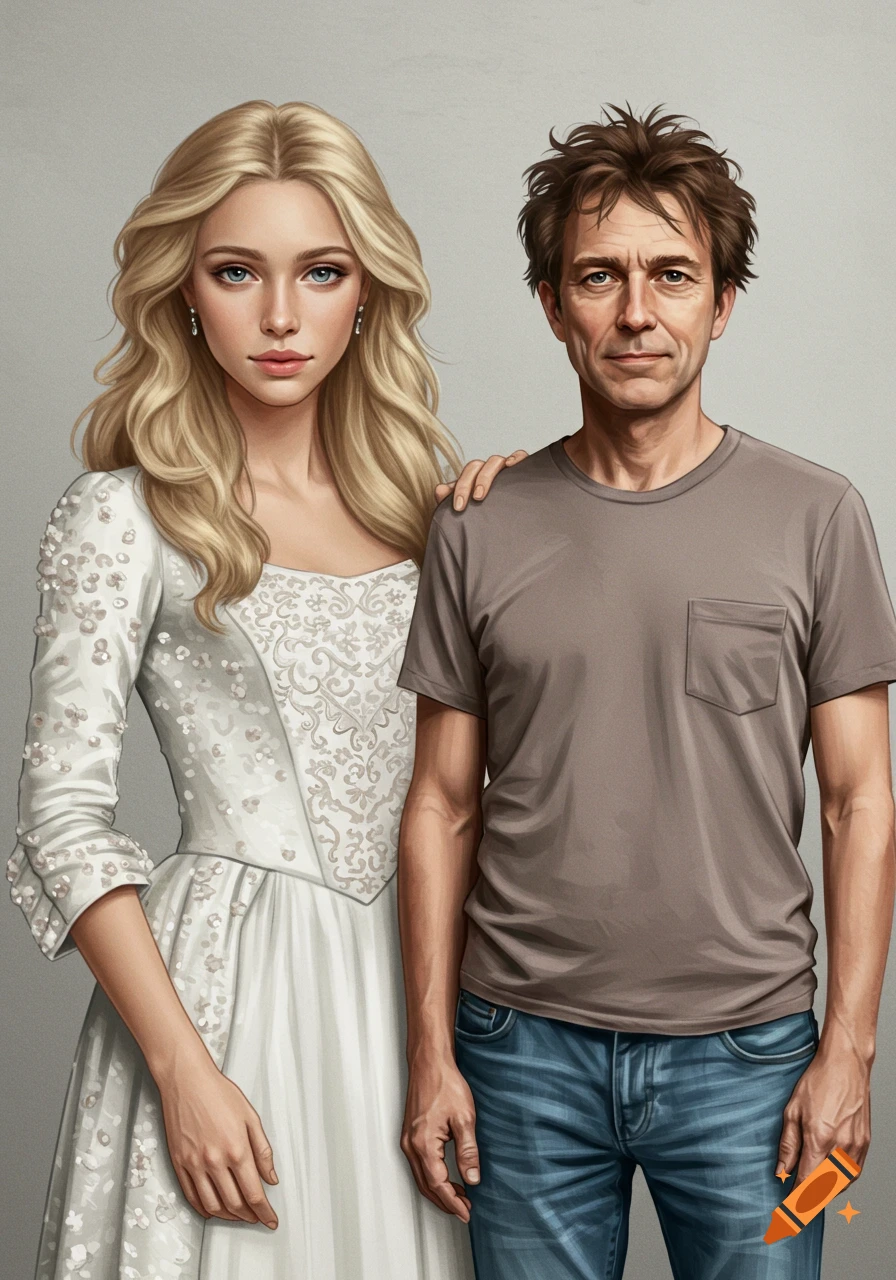 Illustration of a woman in a white dress standing next to a man in a t-shirt.