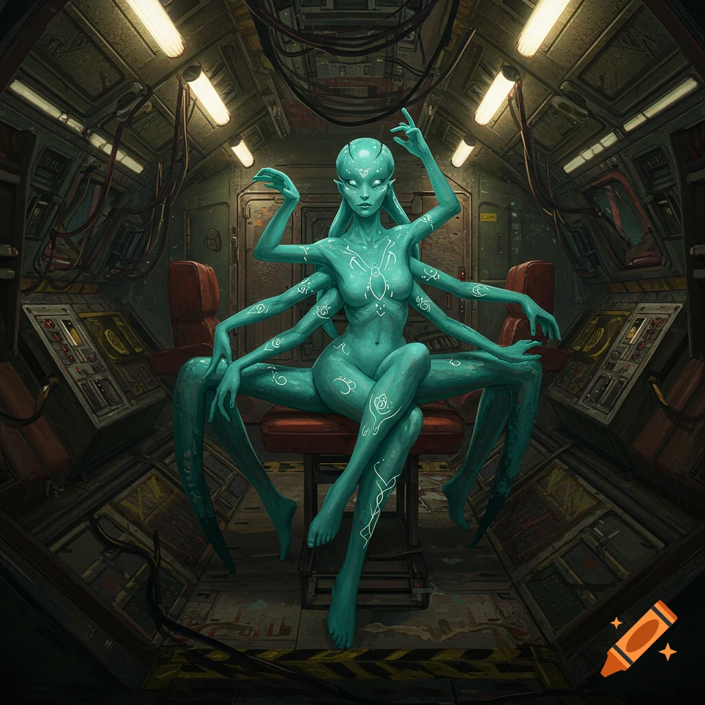 Multi-limbed alien creature sits in a detailed spaceship cockpit.