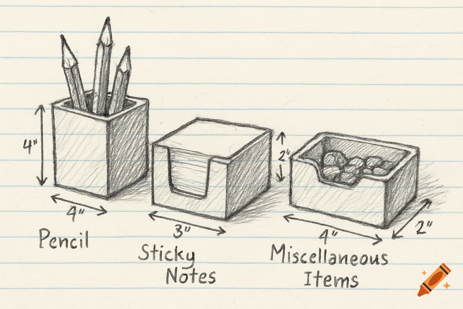 A pencil sketch on lined paper showing a pencil holder, sticky notes dispenser, and a miscellaneous items holder, each with dimensions and labels.