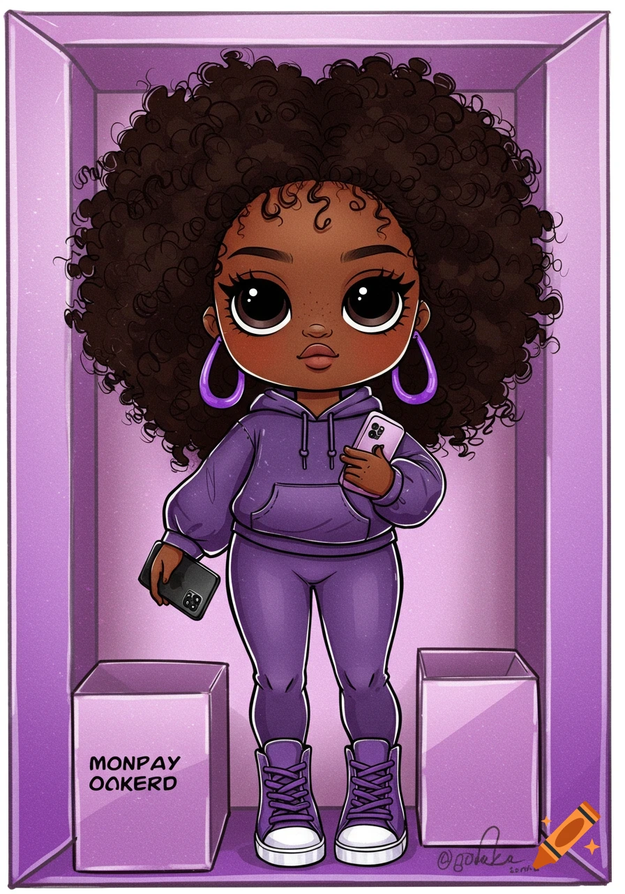 Illustration of a doll-like character with curly hair and purple clothes in a box holding cell phones.