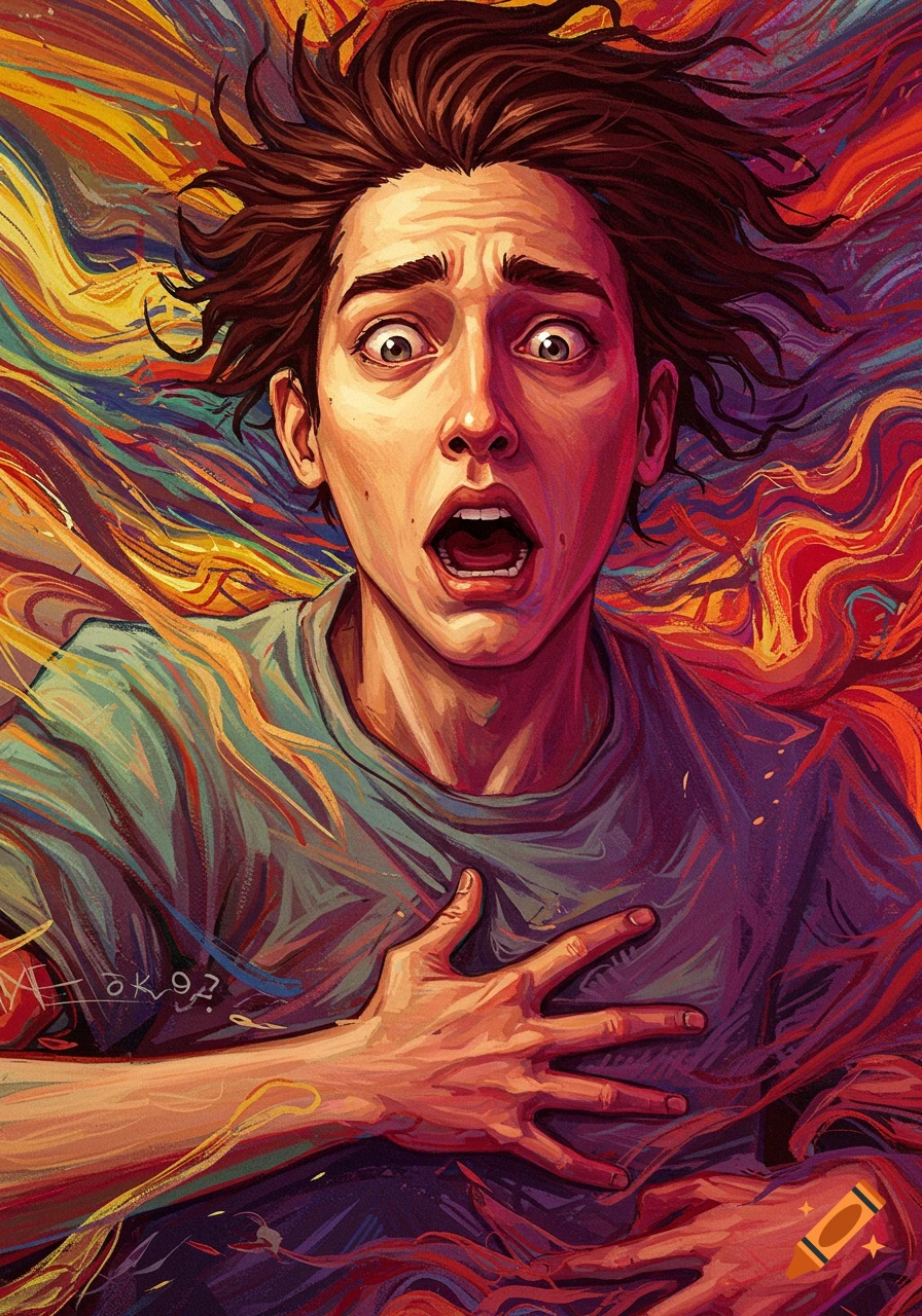 Close-up portrait of a person with a shocked, scared expression, hand on chest, against a swirling, colorful background in a painterly style.