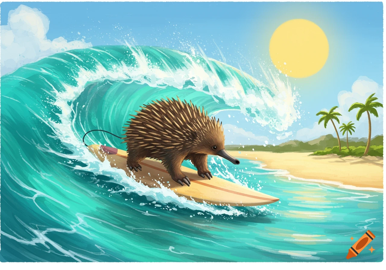 An illustration of an echidna surfing on a large wave near a beach.