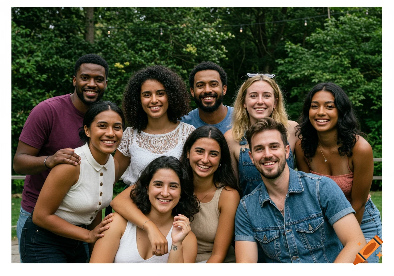 A diverse group of smiling people pose for a photo outdoors.