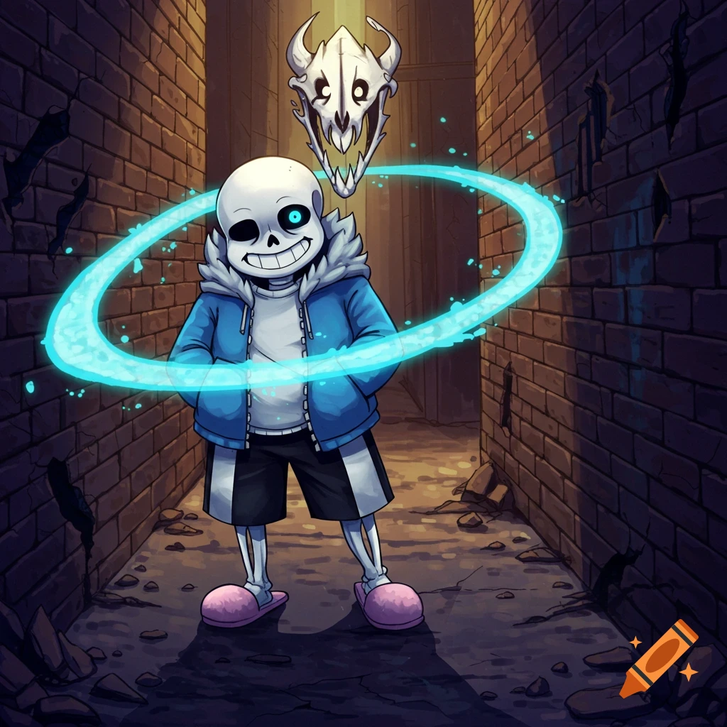 Cartoon illustration of Sans from Undertale with a glowing blue aura and a gaster blaster skull in an alleyway.