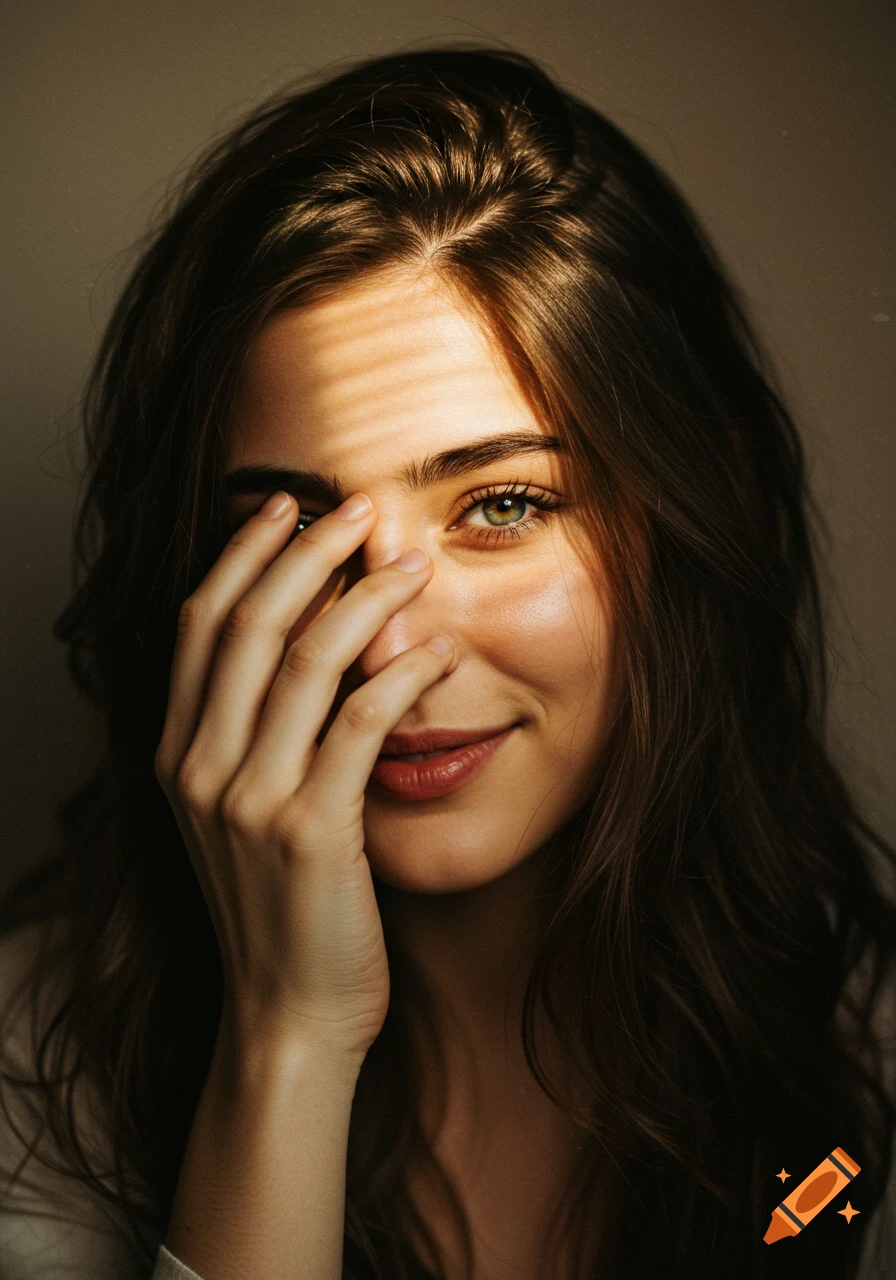 Close-up portrait of a woman covering her face with her hand in soft ...