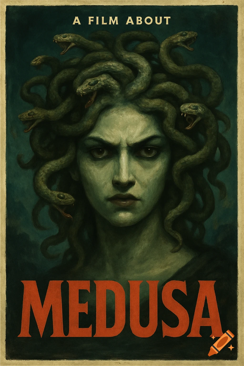 Vintage movie poster featuring Medusa with snakes for hair and the title MEDUSA