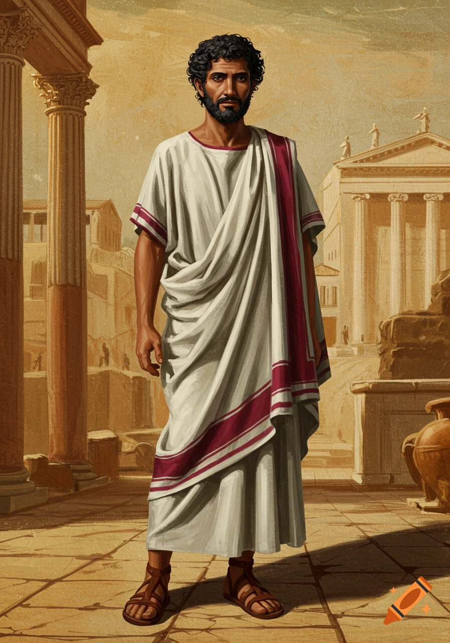 An ancient Roman man wearing a white toga and sandals stands in a stone courtyard with columns and buildings in the background.