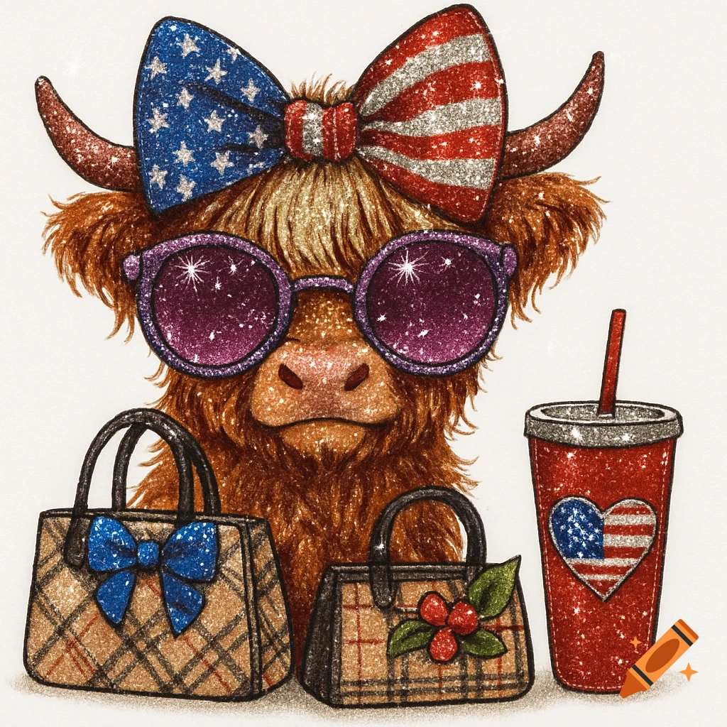 A furry Highland cow wears purple sunglasses and a patriotic bow, flanked by plaid handbags and a cup with a heart-shaped US flag, rendered in a sparkly graphic style.