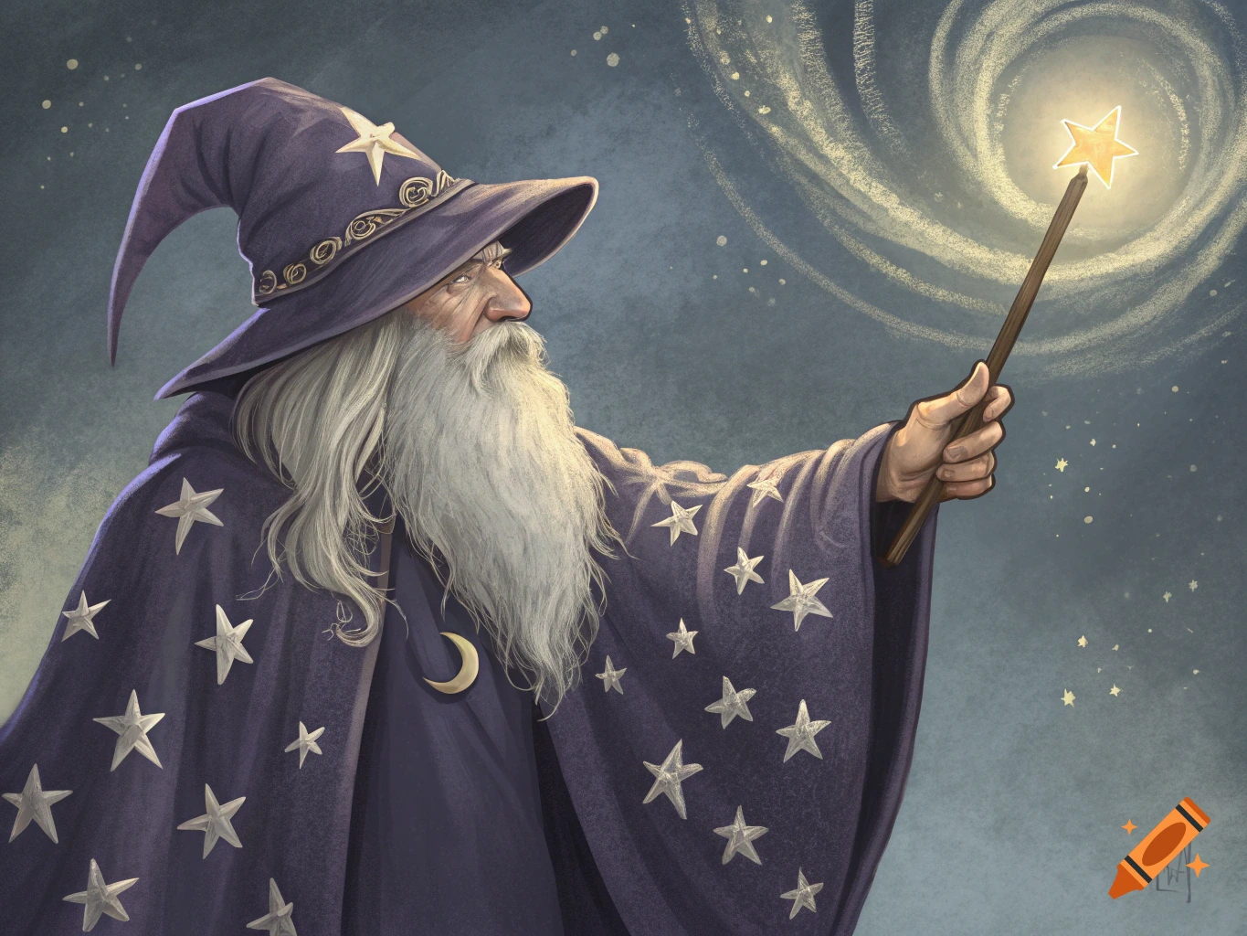 A wizard with a long grey beard and purple hat casts a spell with a ...