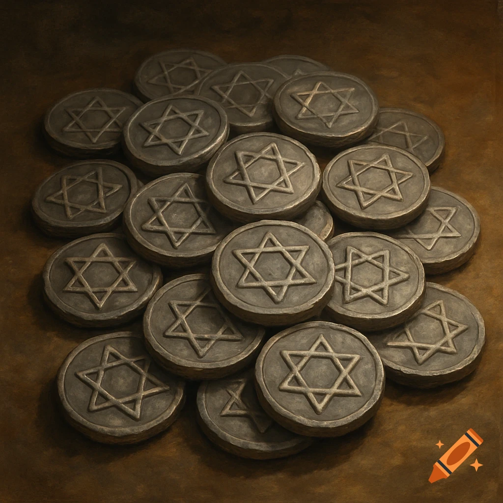 A pile of ancient-looking coins stamped with the Star of David.