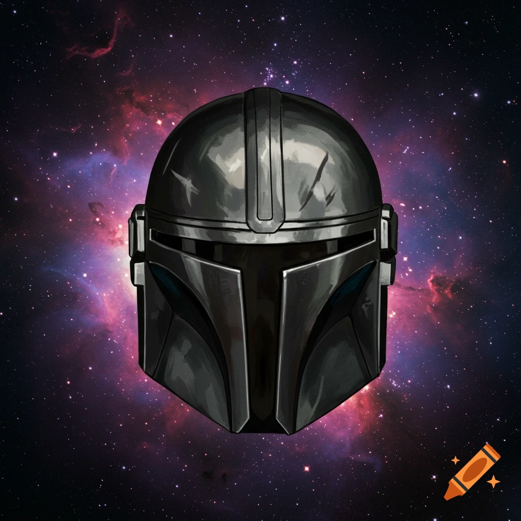 Dark metal helmet against a starry nebula background.