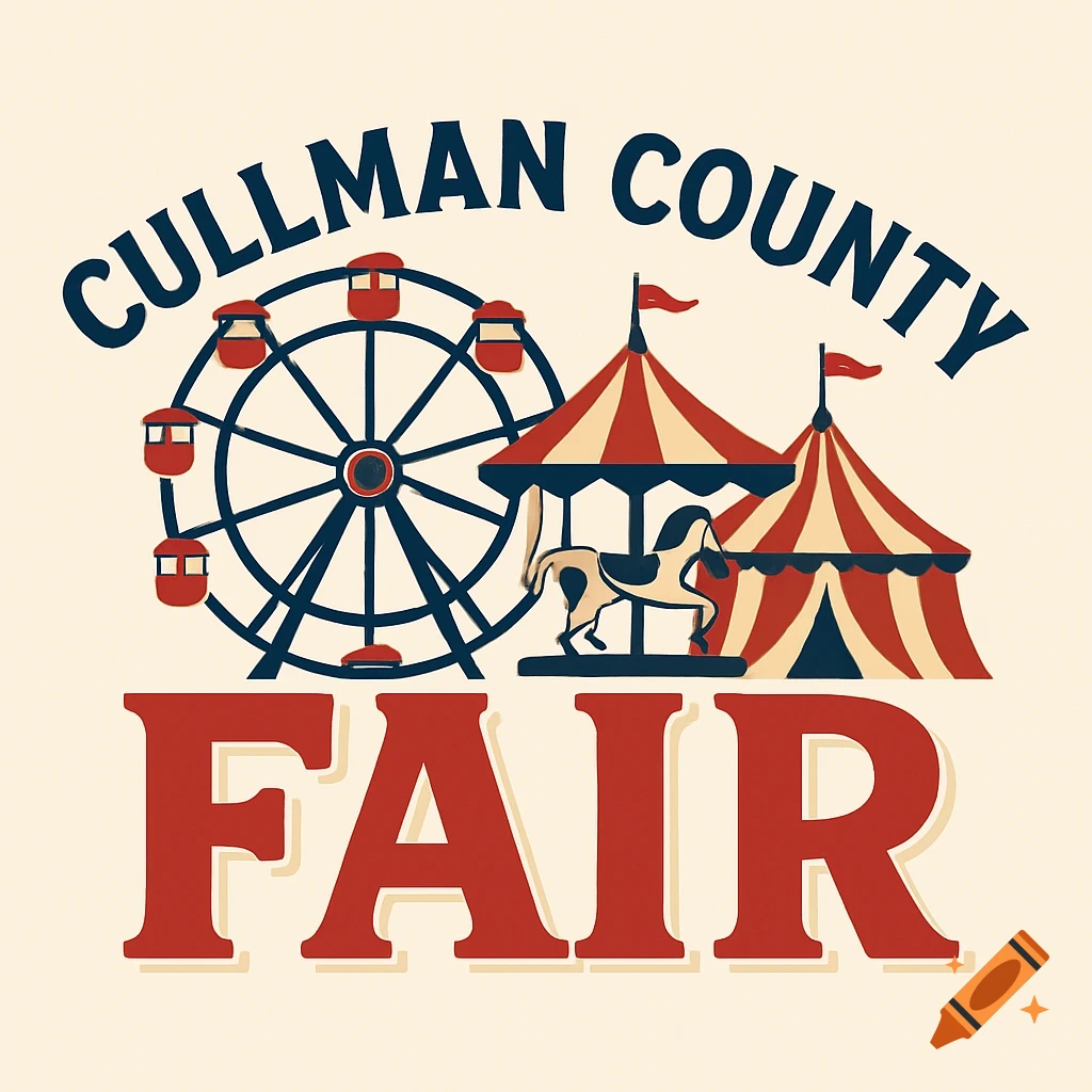 Illustration of a fair with a Ferris wheel, carousel, tents, and text 'CULLMAN COUNTY FAIR'