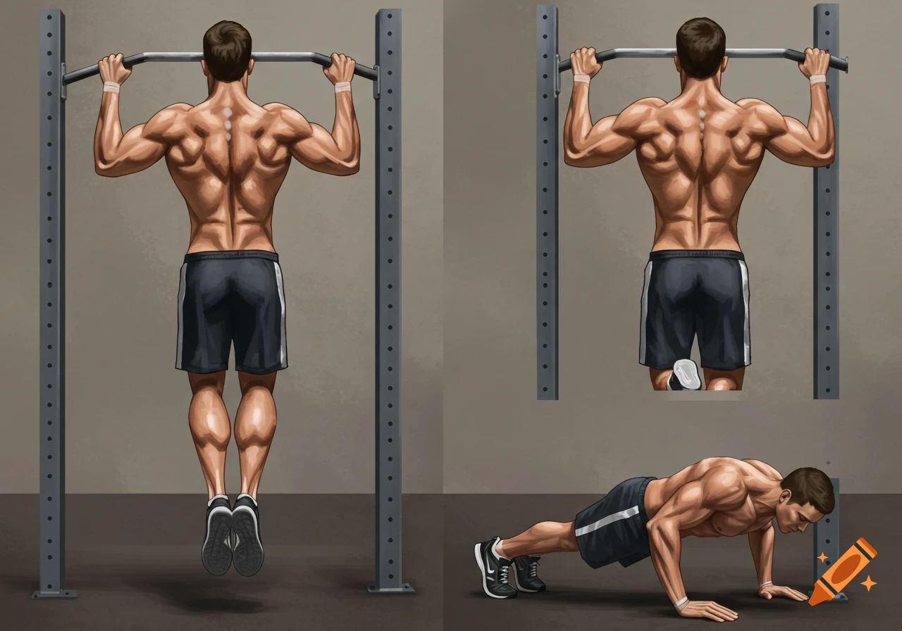 Illustration of a muscular man performing pull-ups and push-ups in a gym setting.