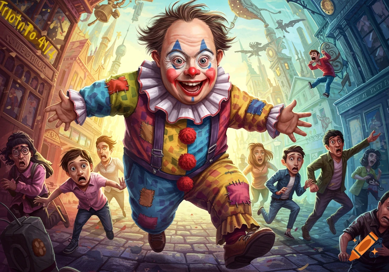 A giant scary clown runs down a street chasing terrified people in an illustration.