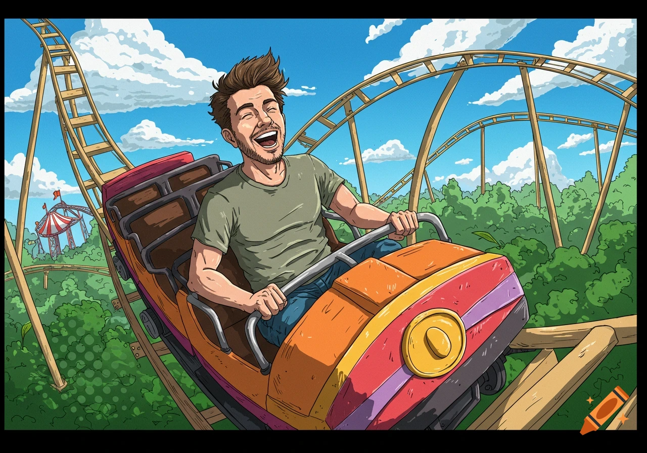 Illustration of a man laughing while riding a rollercoaster at an amusement park.