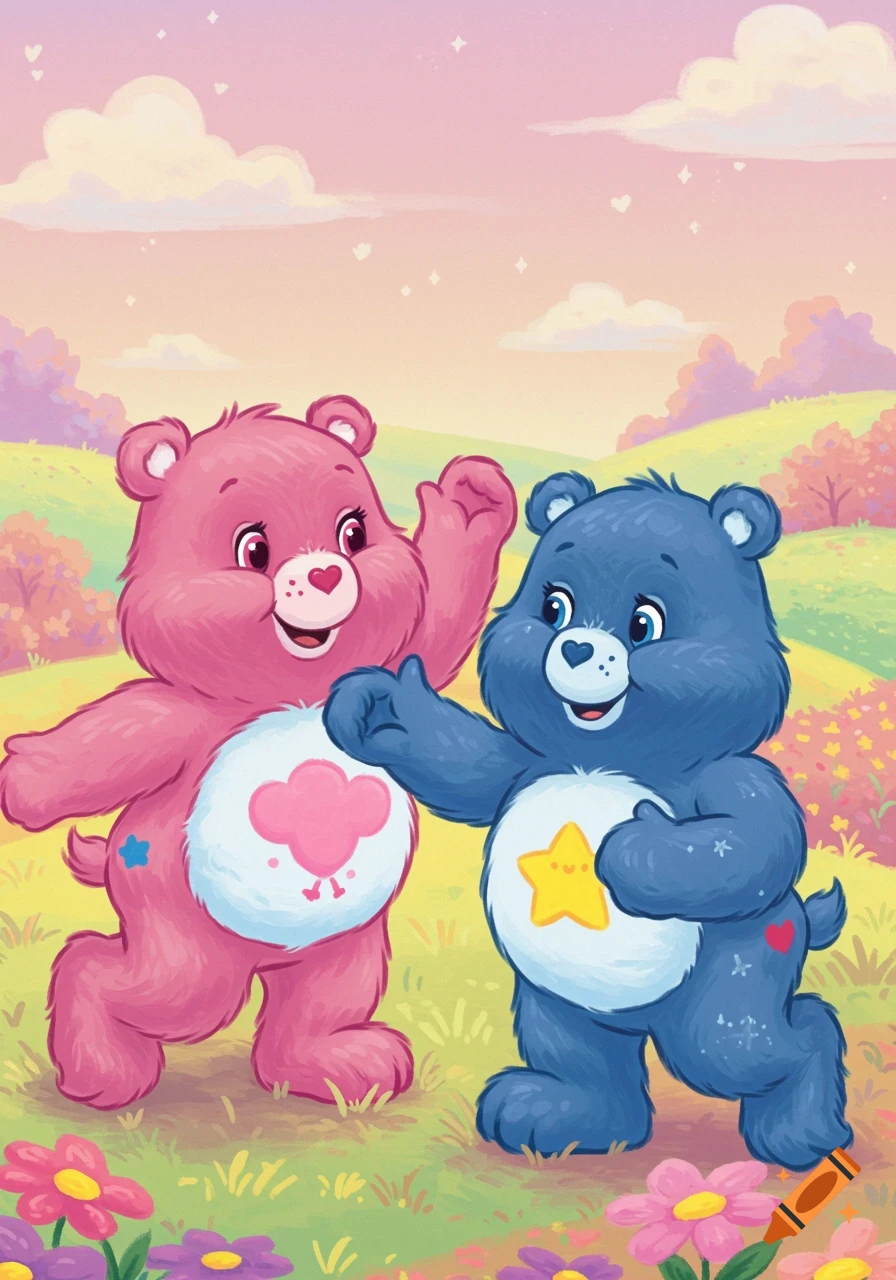 A pink and a blue cartoon bear stand in a grassy field with flowers and hills.