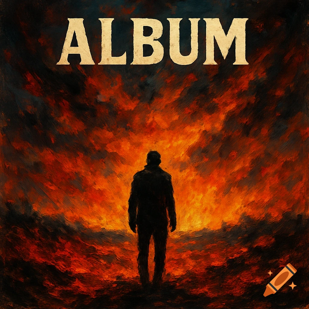 Silhouette of a person standing in a fiery landscape with the word ALBUM at the top.