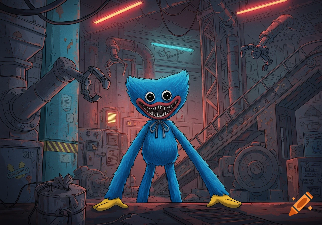 Illustration of Huggy Wuggy standing in a factory