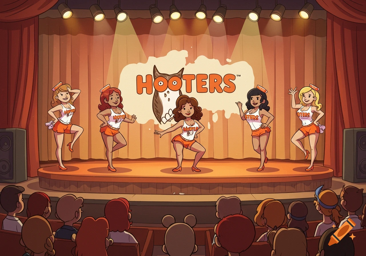 A cartoon of five women in Hooters-style outfits dancing on a stage under spotlights, with an audience watching. A Hooters logo is in the background.