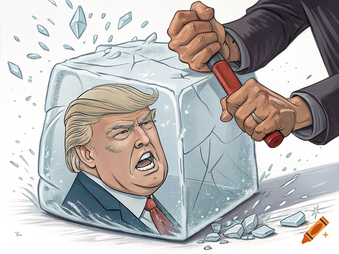 Illustration of someone chipping away at a block of ice containing Donald Trump's head.